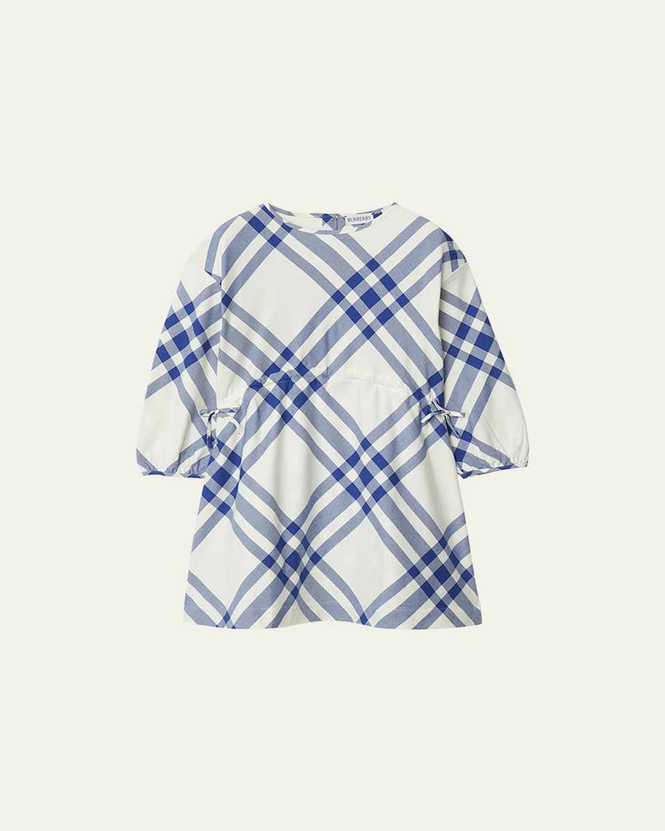 Girl's Trevelle Check Cotton Long-Sleeve Dress, Size 3-14